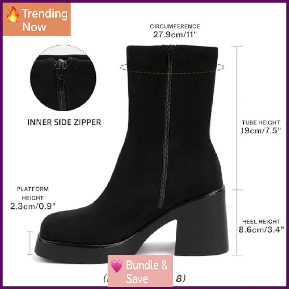 Square Toe Platform Booties Suede Zip Chunky Heel… - image 4